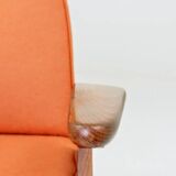 Fauteuil lounge vintage en laine, tissu orange et bois de hêtre