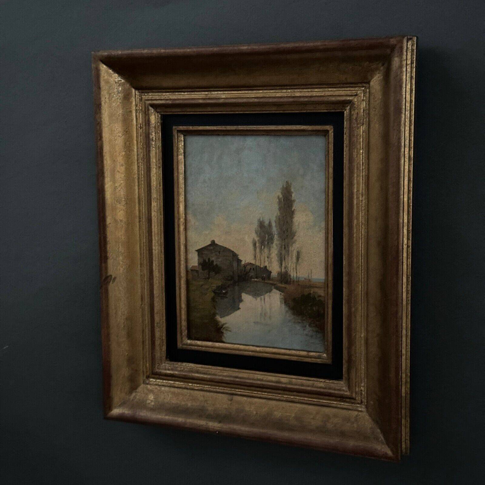 Oil on cardboard by Paul Faugier riverside landscape with poplars