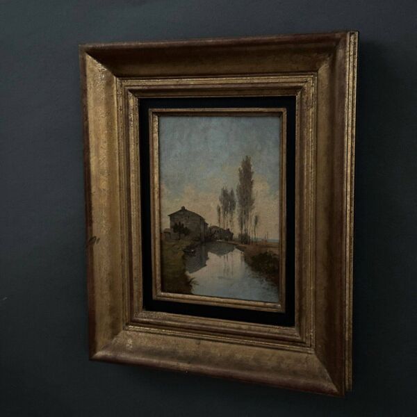 Huile sur carton par Paul Faugier paysage bord de rivière avec peupliers