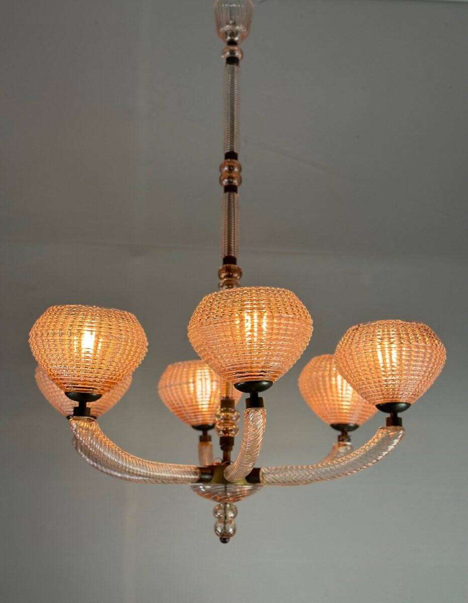 Lustre vénitien en verre de Murano rose vers 1930