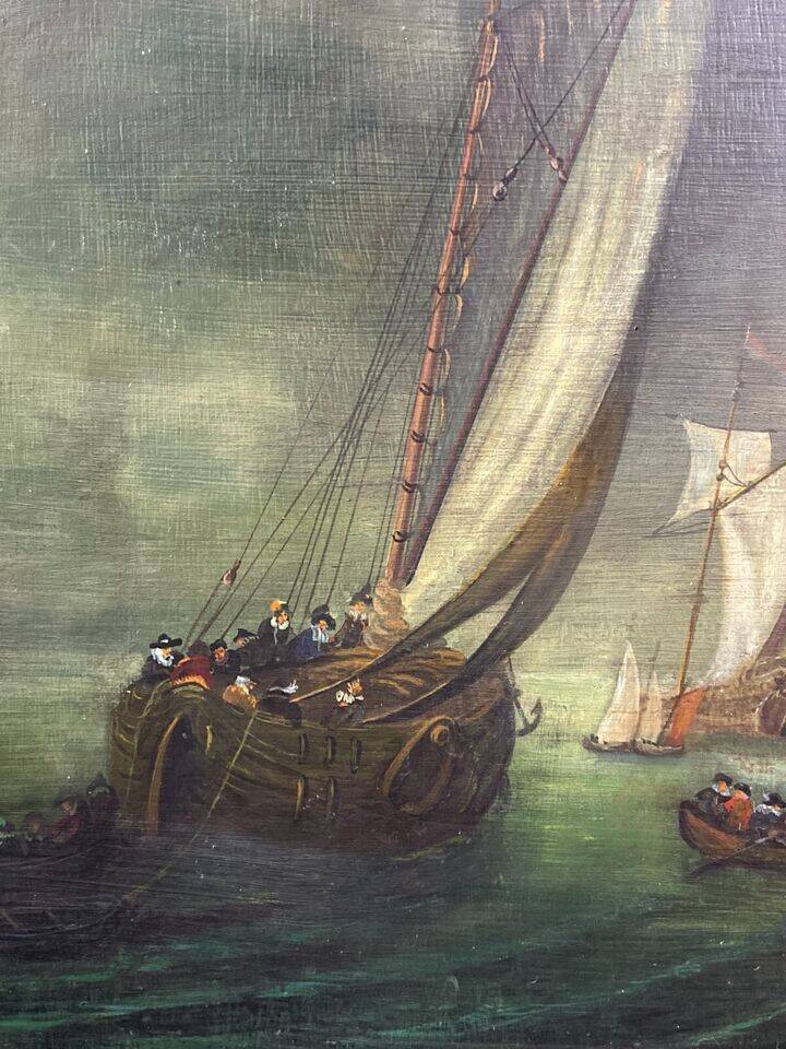 Tableau huile sur panneau Ecole hollandaise Marine monogrammée