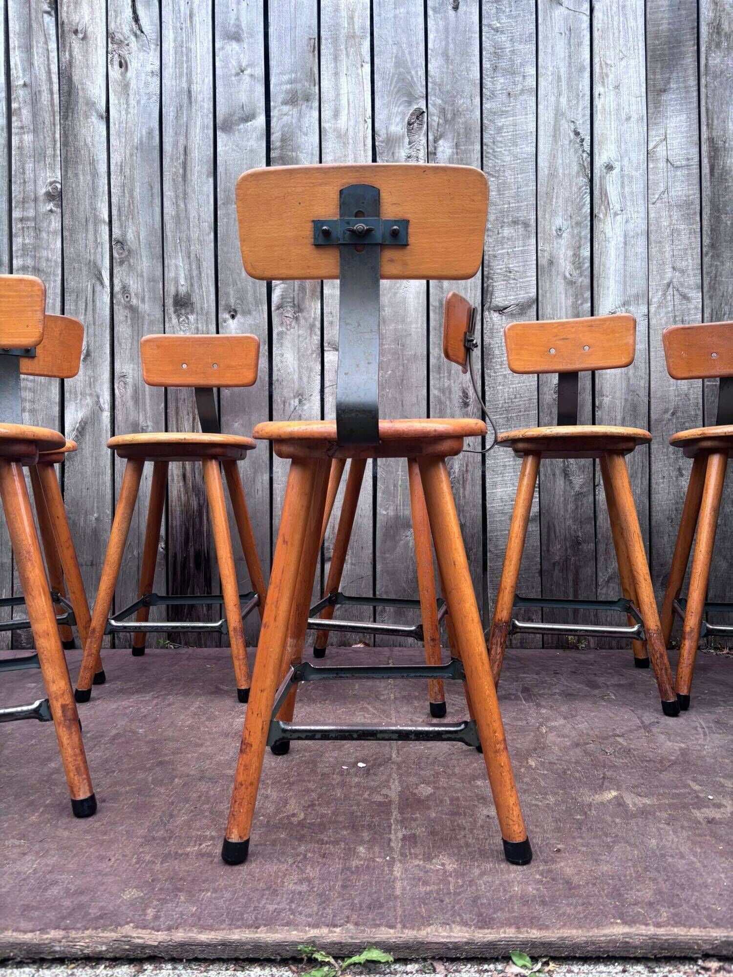 Vintage industrial workshop stool in wood, 1950s