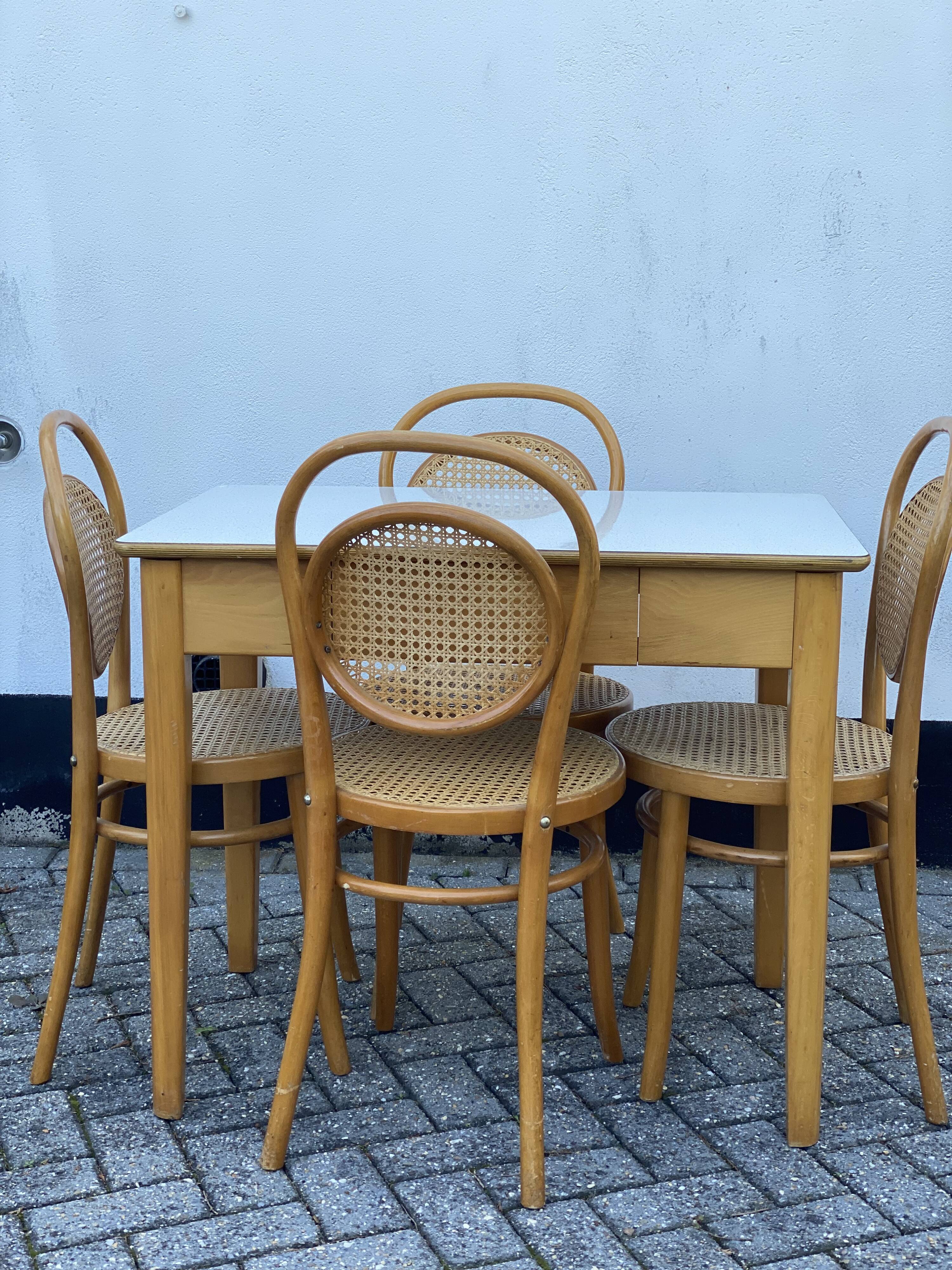 4 vintage bentwood dining chairs and pine laminate 1950’s table