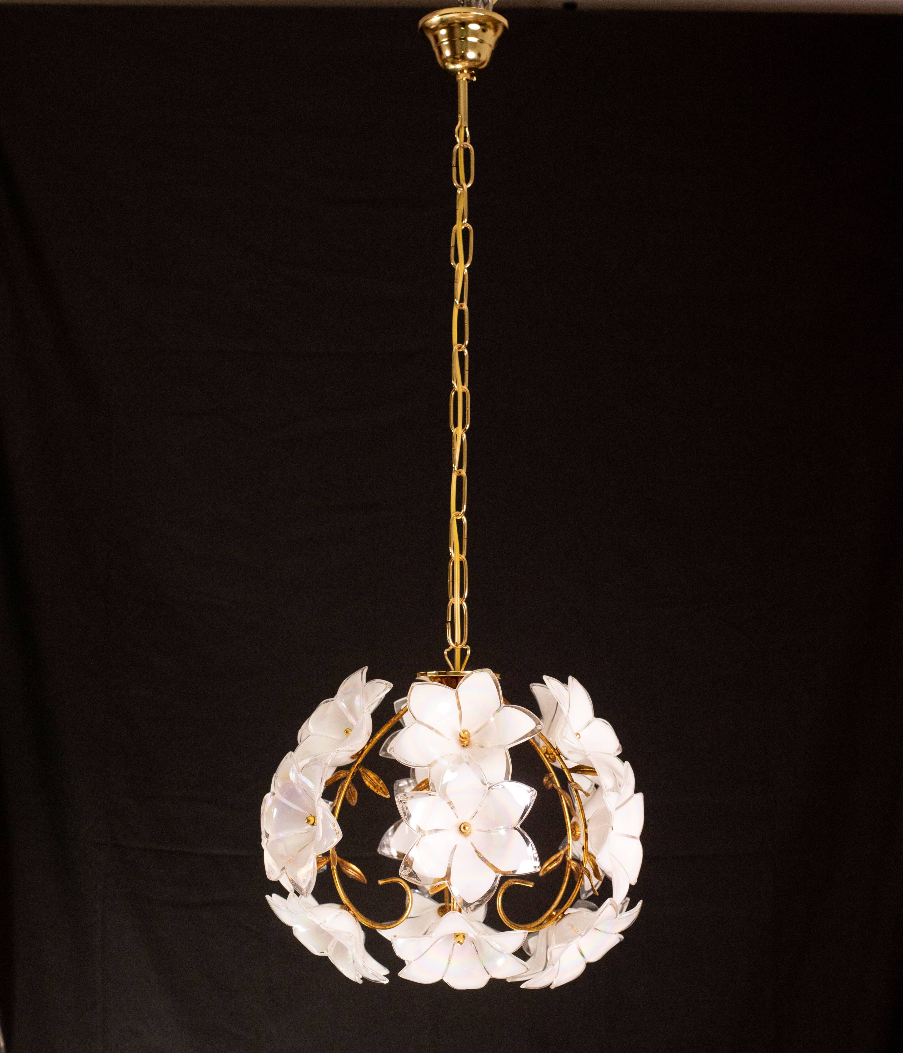 Set of 2 Murano Spherical Chandelier Full of White Flowers, 1980s