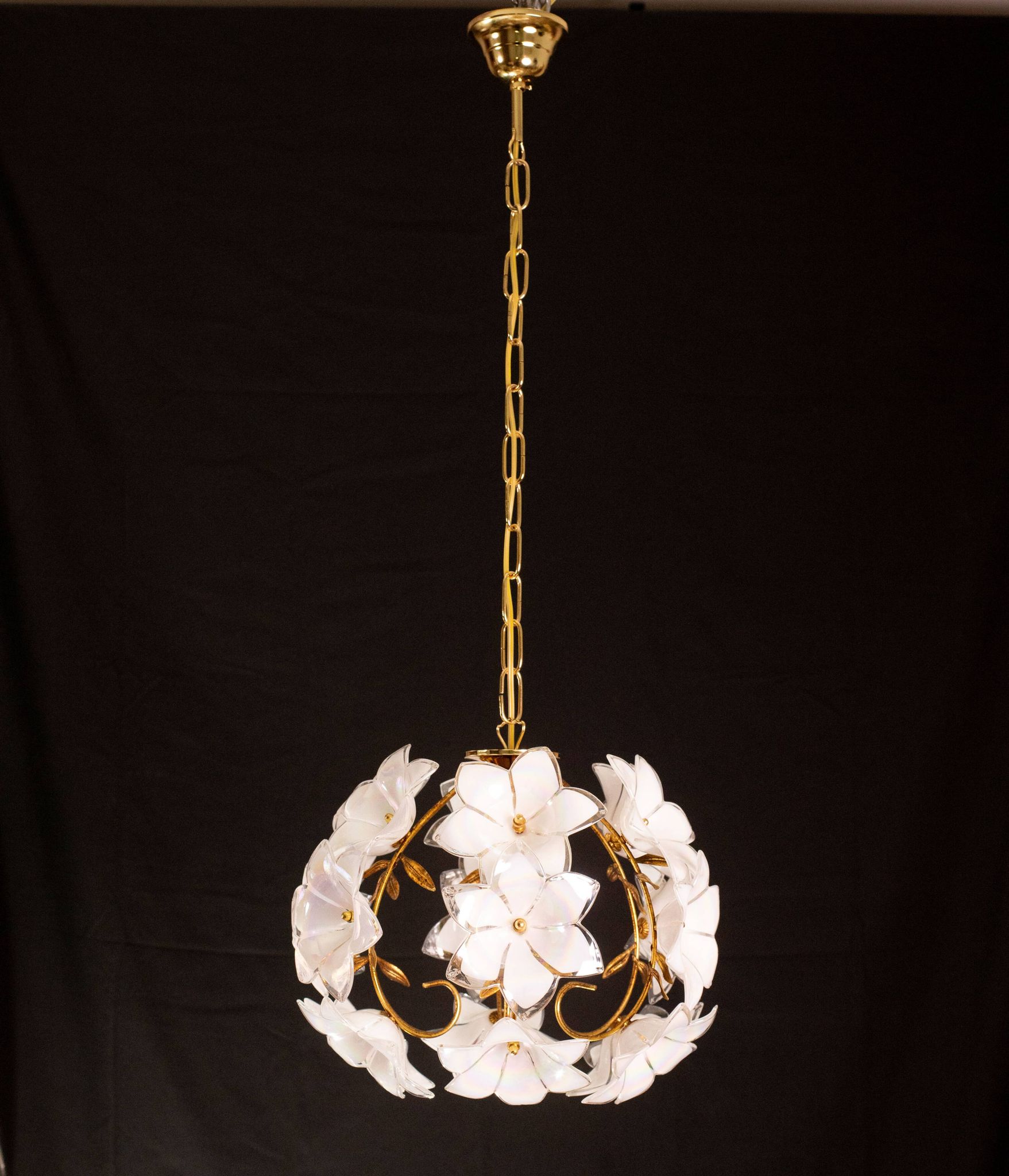 Set of 2 Murano Spherical Chandelier Full of White Flowers, 1980s