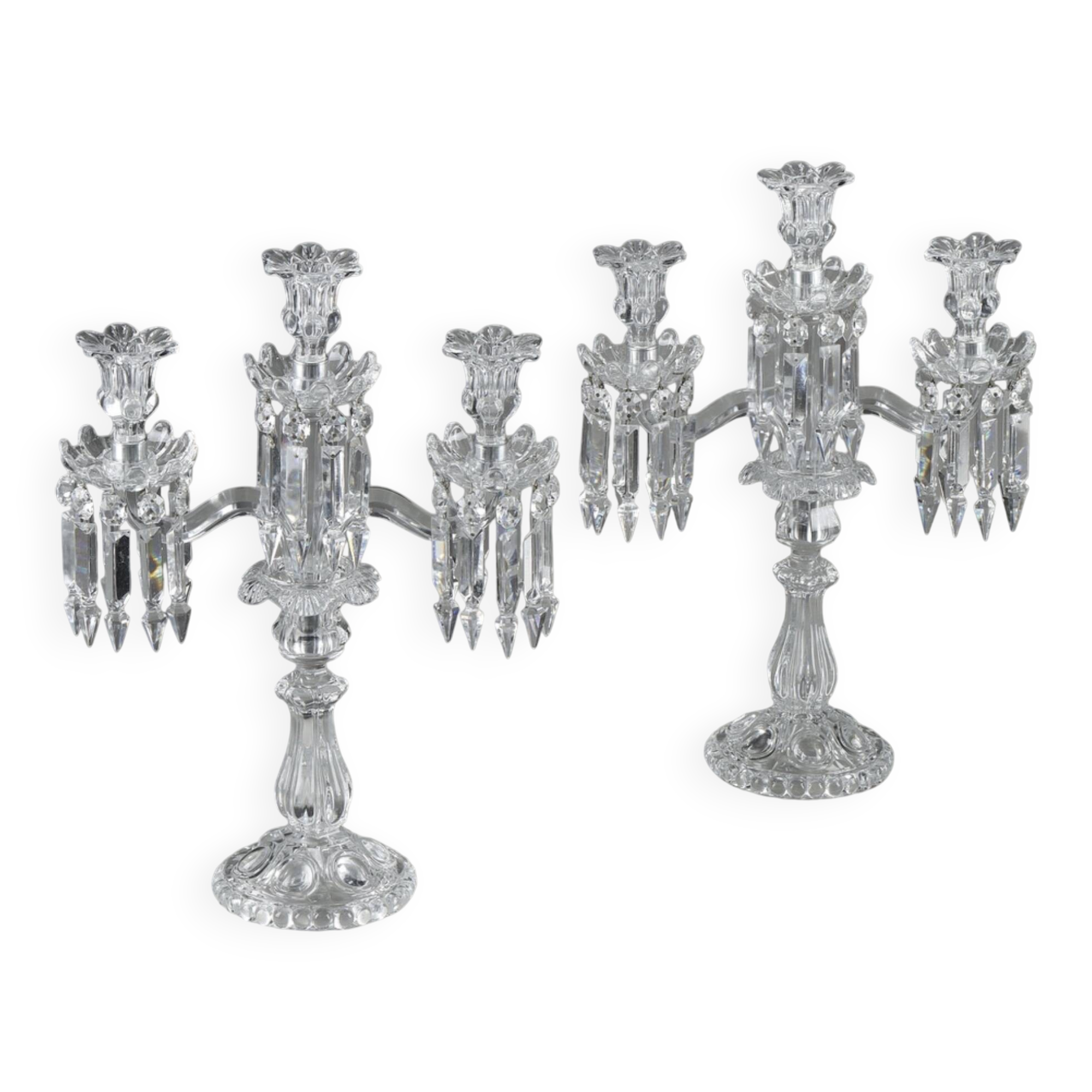 Pair of Baccarat three-light crystal chandeliers