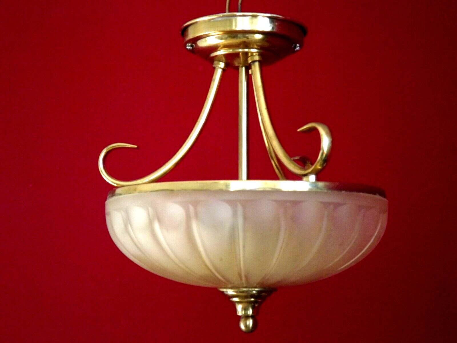 French mid century 3 bulb brass semi flush ceiling light opaque glass shade