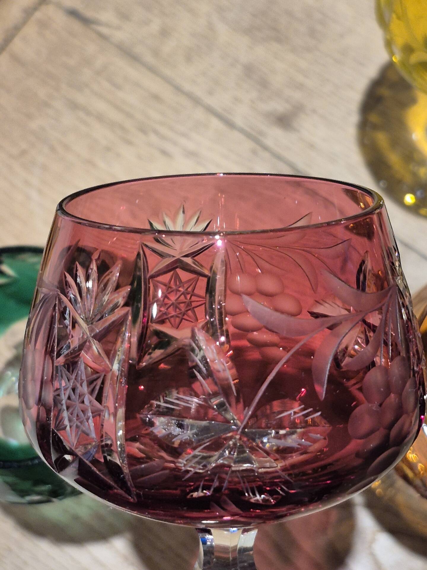 Set of 4 vintage coloured cut crystal wine glasses