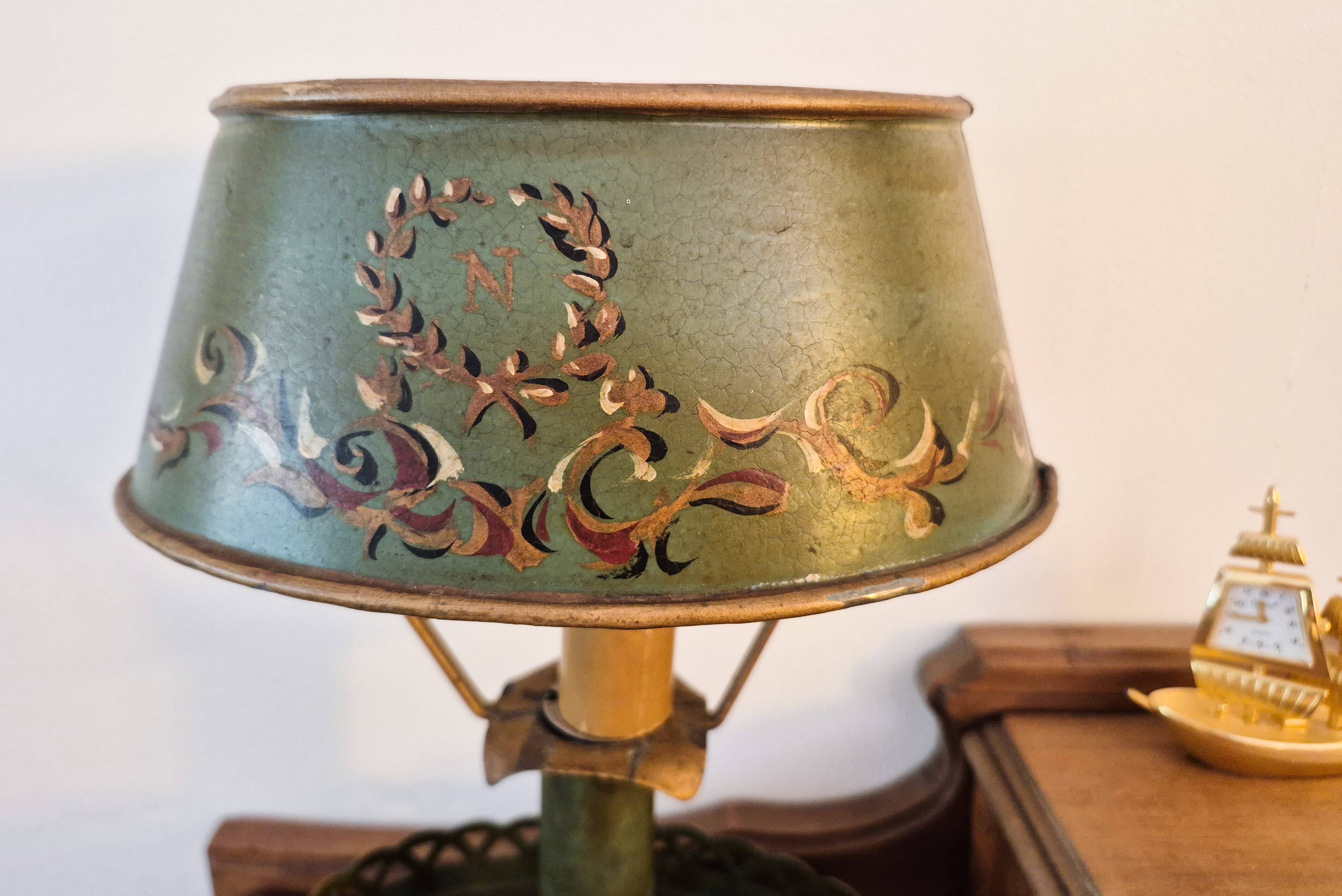 Metal bouillotte lamp, Empire style, green metal shade.