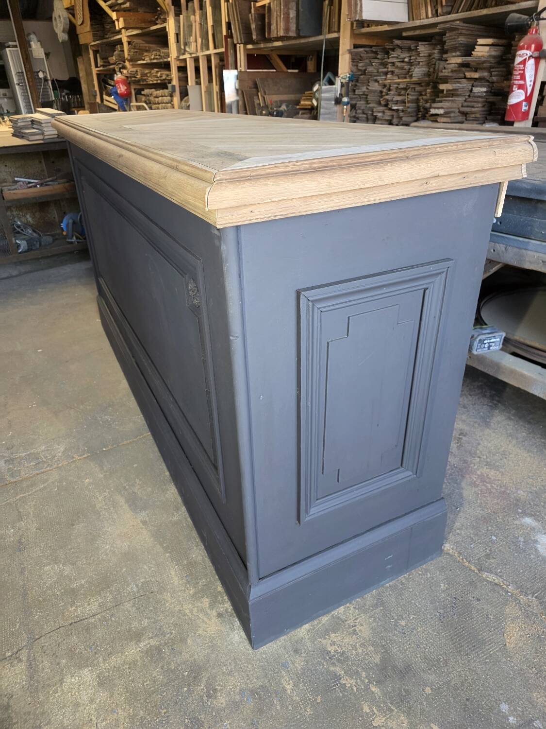 Chevron-patterned oak workbench
