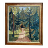 Large Original Swedish Oil on Canvas – 'Forest Road' by Leif Ewens – Signed – Vintage & Framed