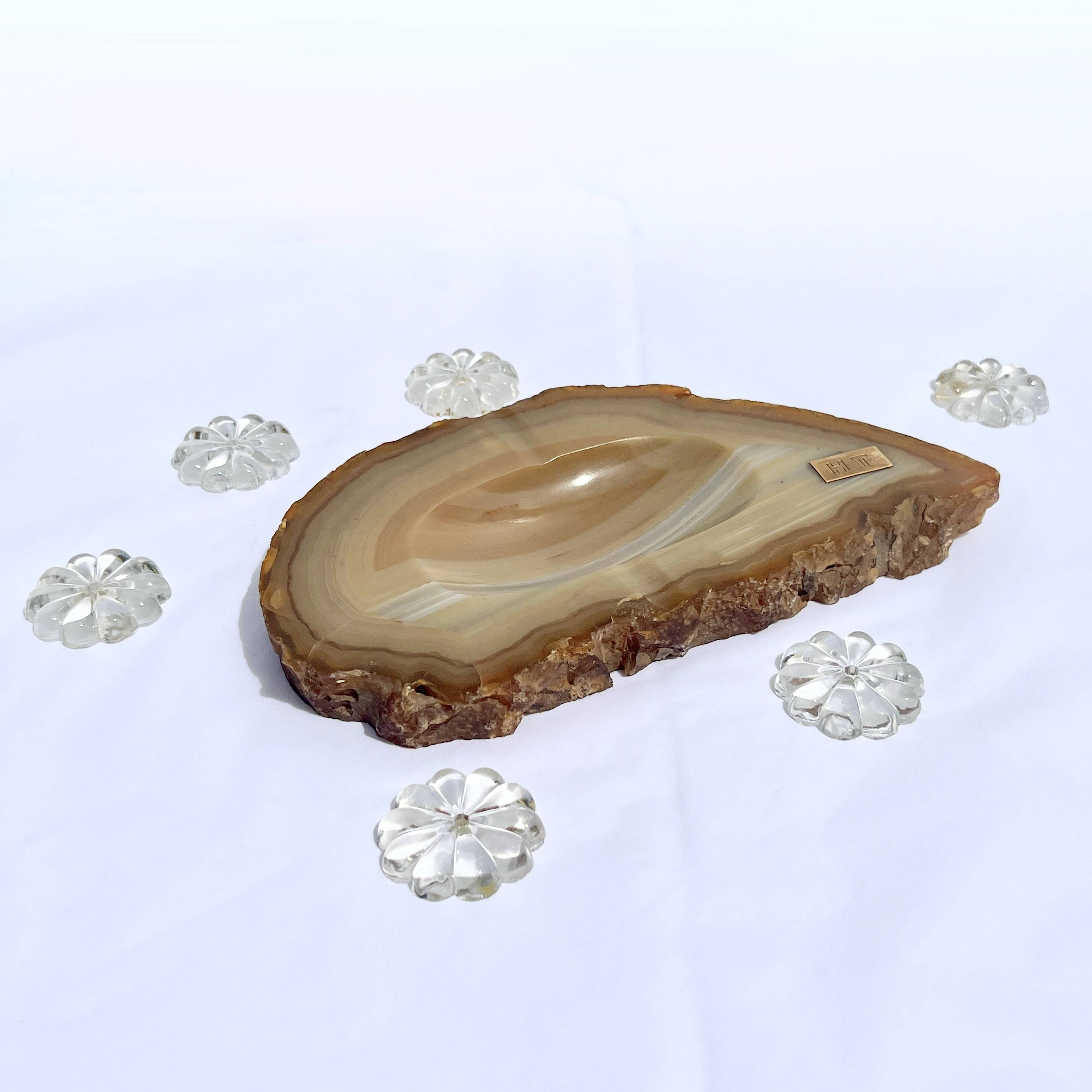 cendrier en agate - Vide-poche en tranche d'agate beige vintage  1960