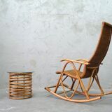 Mid-century bamboo and brass rocking chair and side table from fm, 1950s, set of 2.