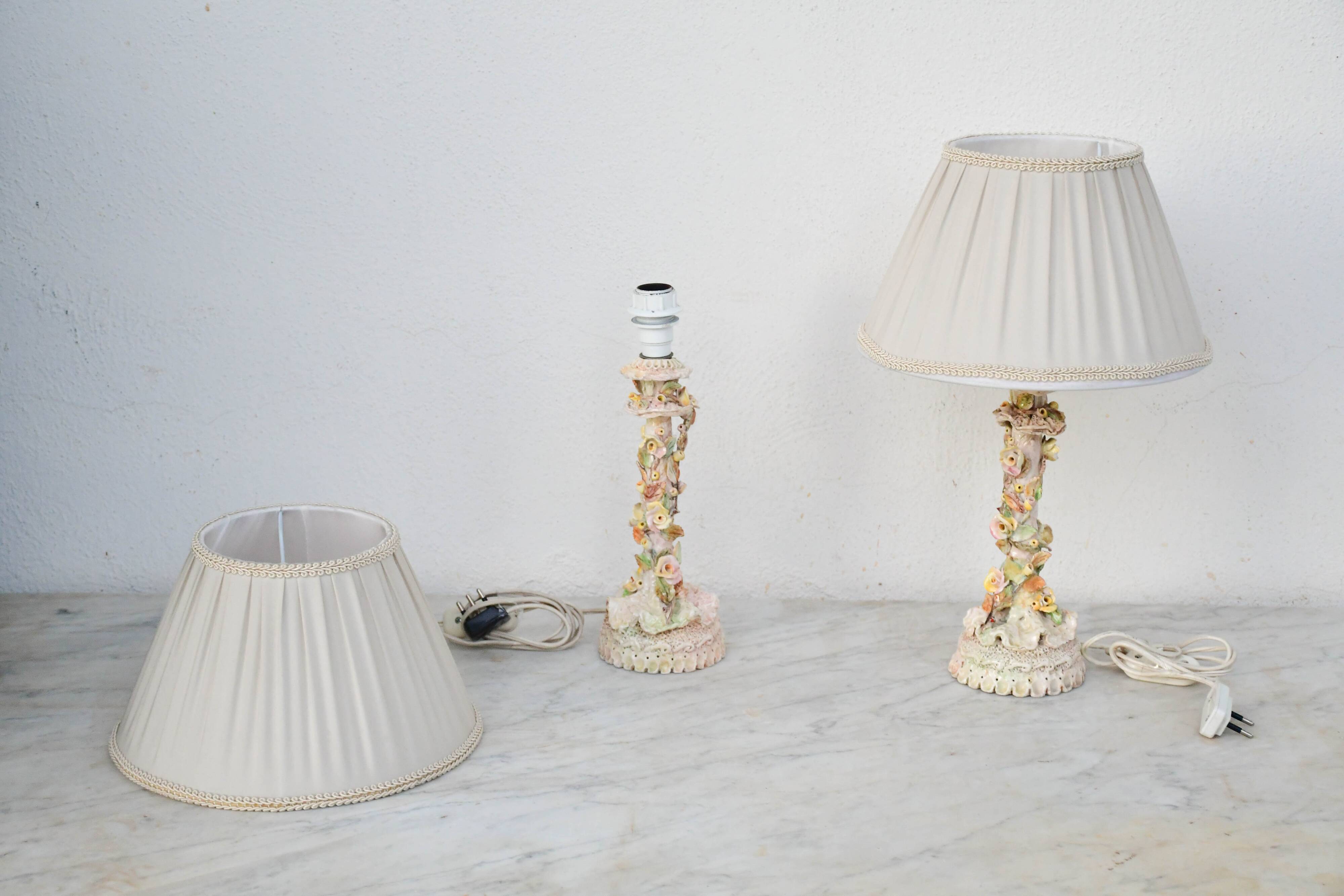 Set of 2 midcentury Italian ceramic floral table lamps