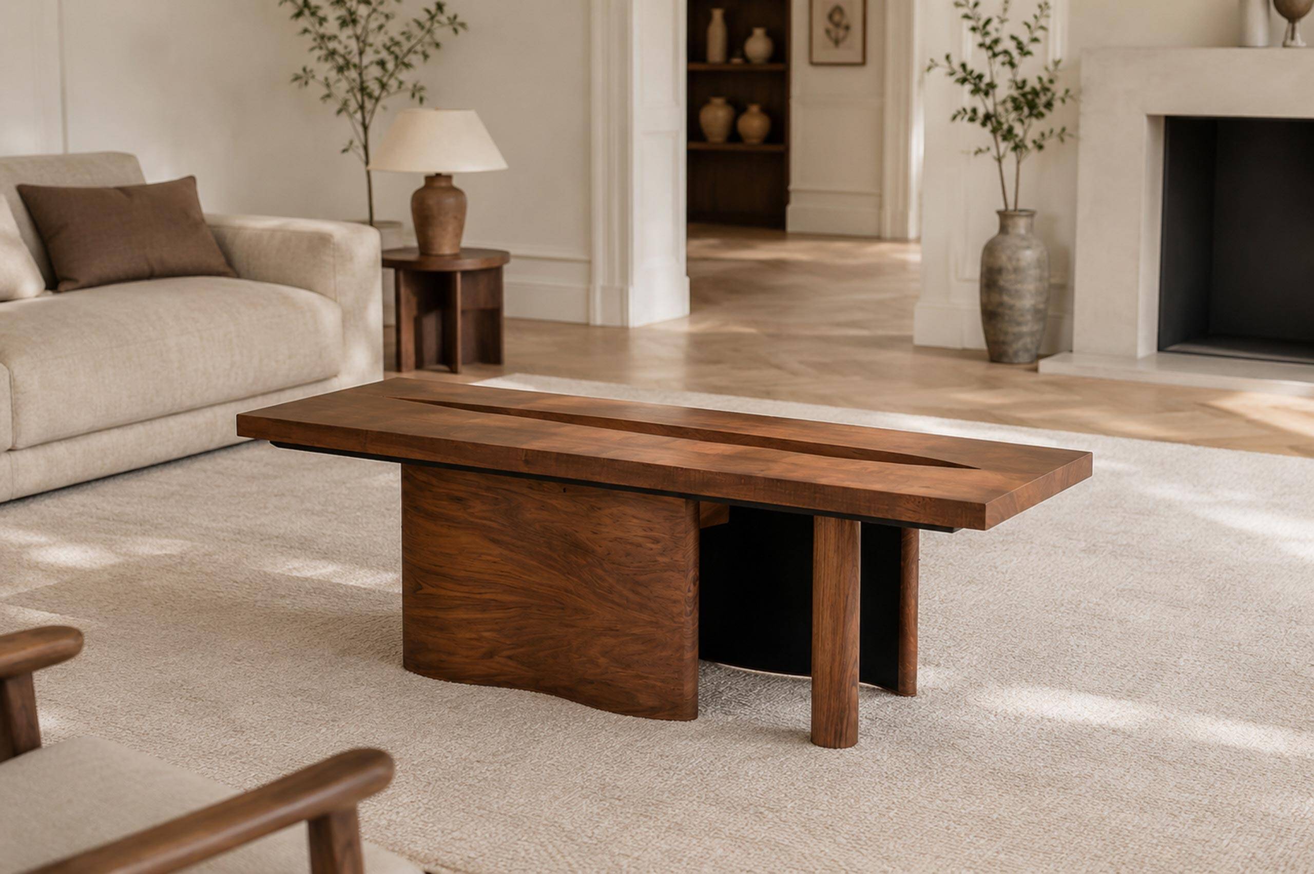 Large coffee table ONDA, cherry and walnut
