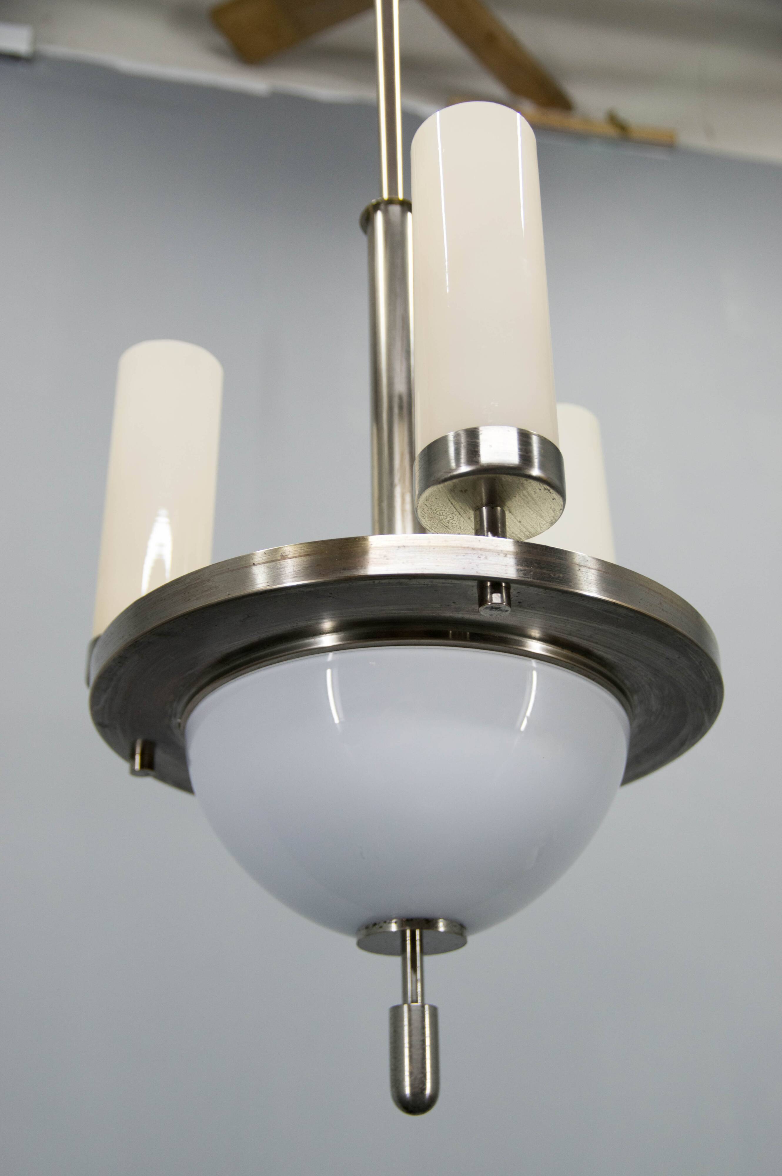 Art Deco Tubular Nickel Plated Chandelier, 1920s, Restored