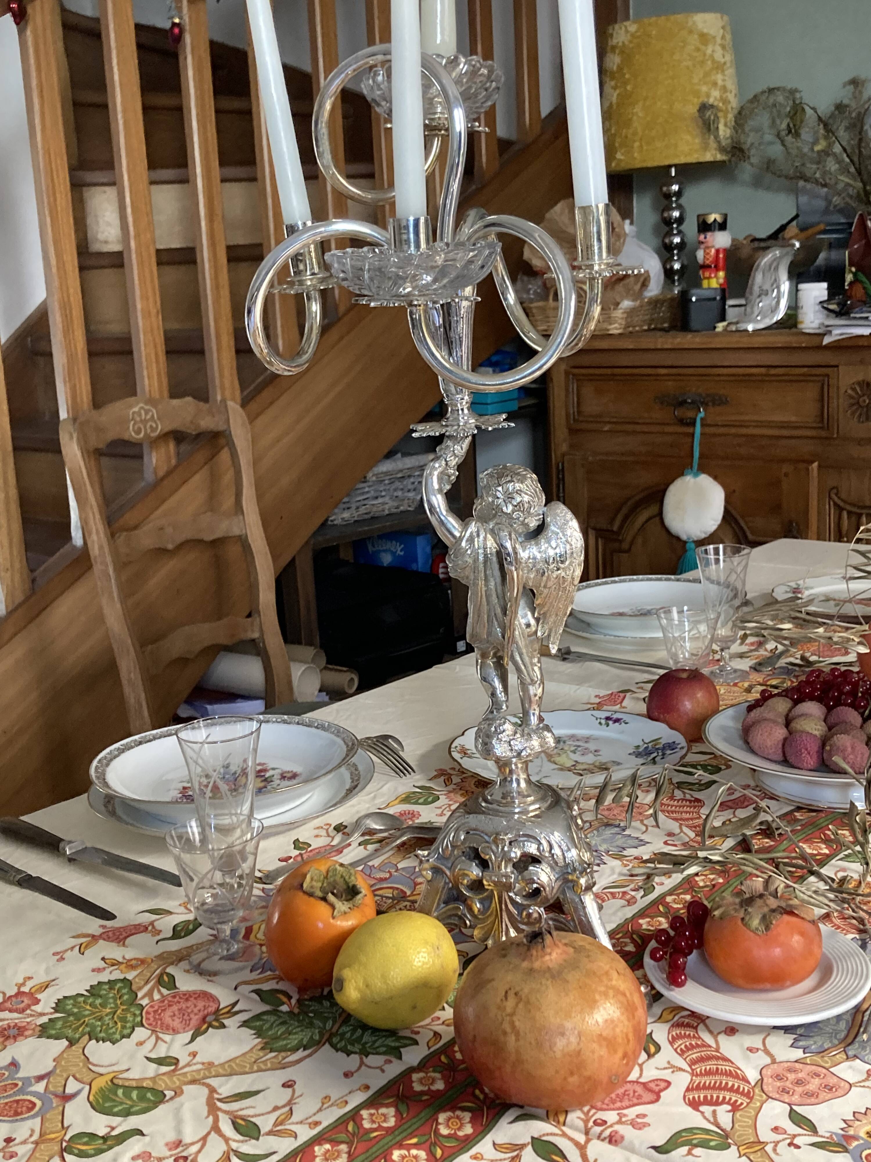 Putti candelabra 4 candles louis xvi style design pieces late 20th century. signed