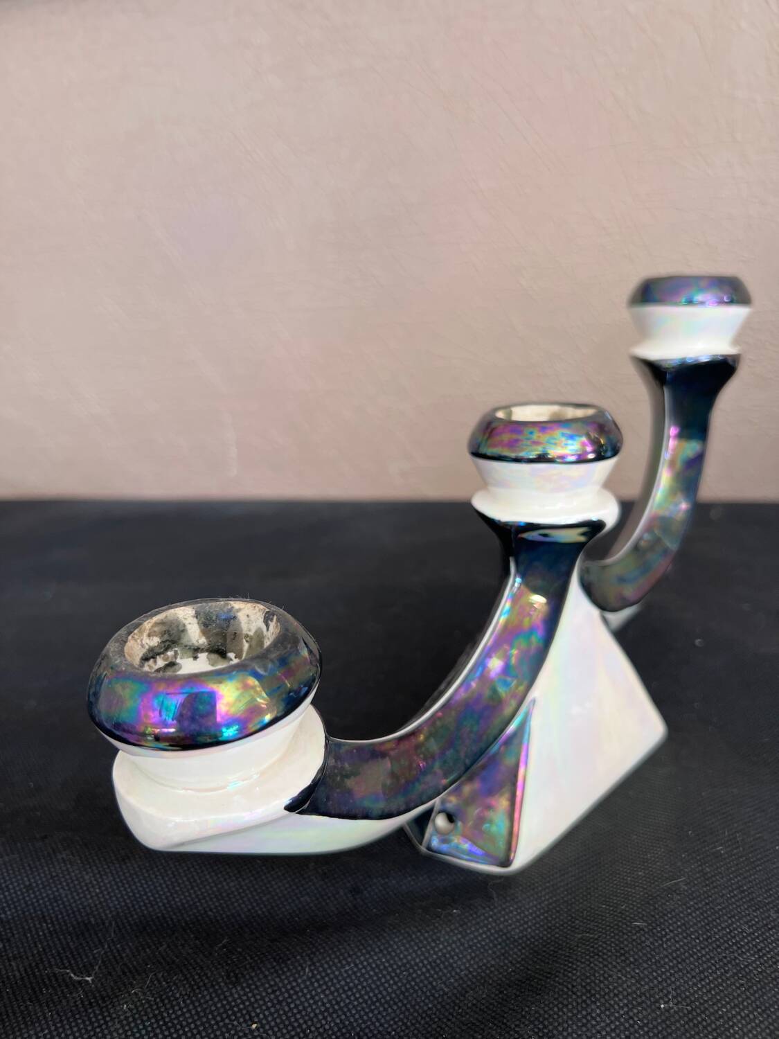 Pair of 3-branch candlesticks in iridescent two-tone ceramic from the 60s