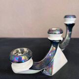Pair of 3-branch candlesticks in iridescent two-tone ceramic from the 60s
