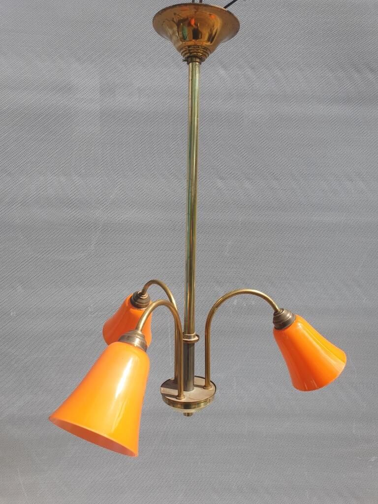 Brass chandelier 3 tulips orange Casimir 1970