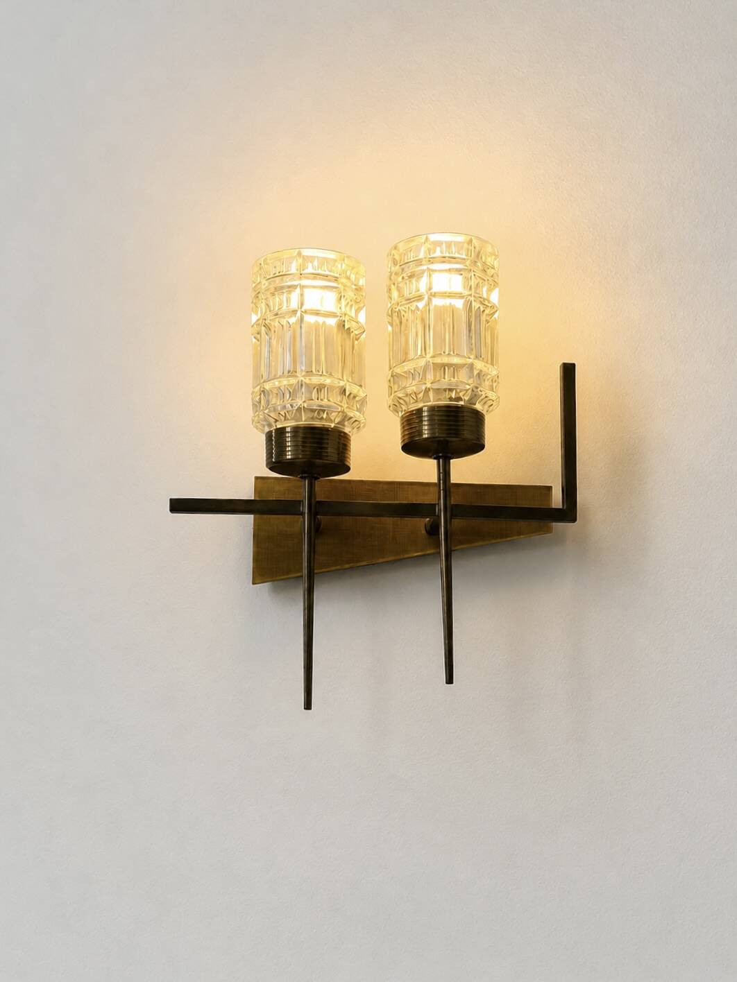 Pair of vintage brass and glass wall lights, France, 1950.