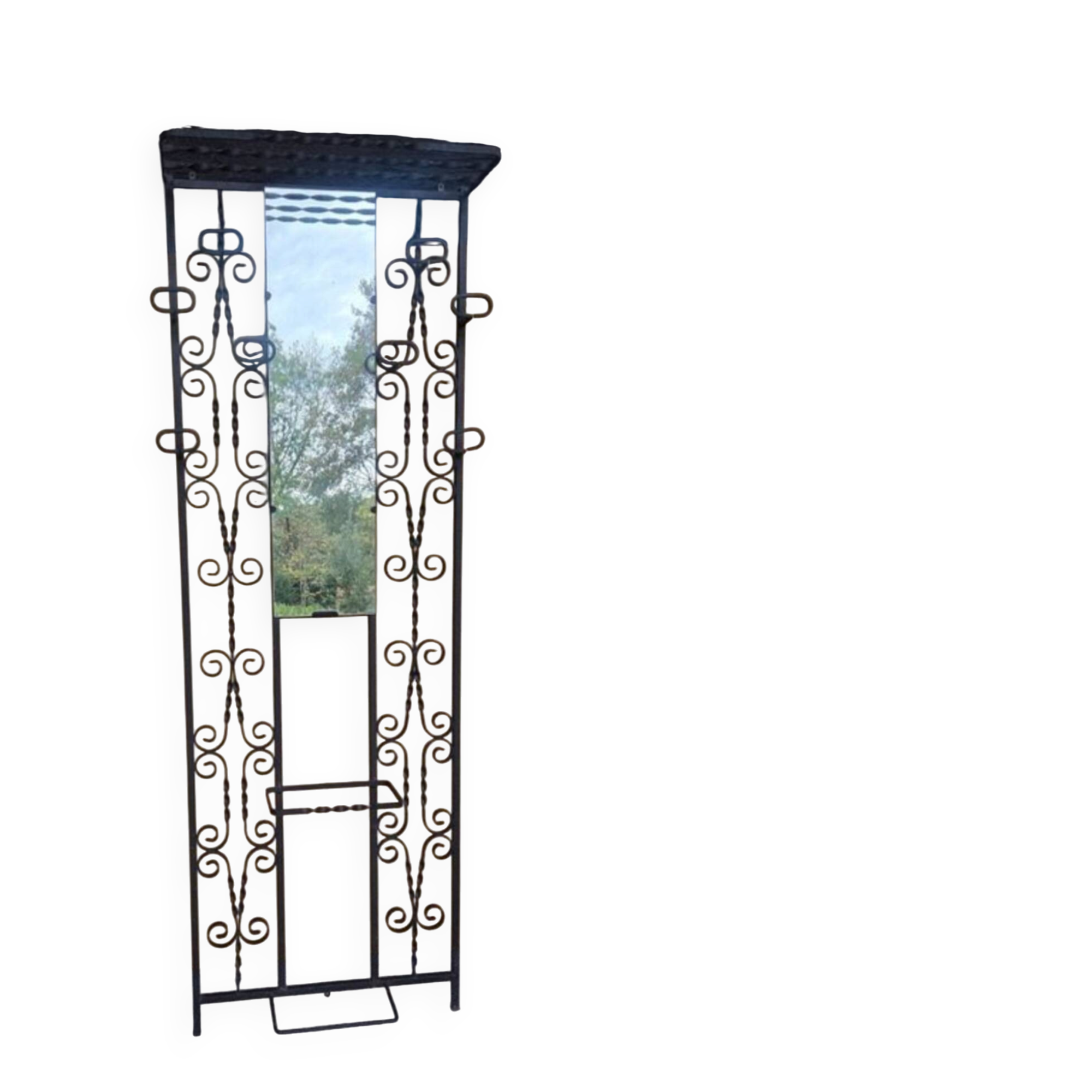 Large vintage wall coat rack in wrought iron with mirror and shelf.