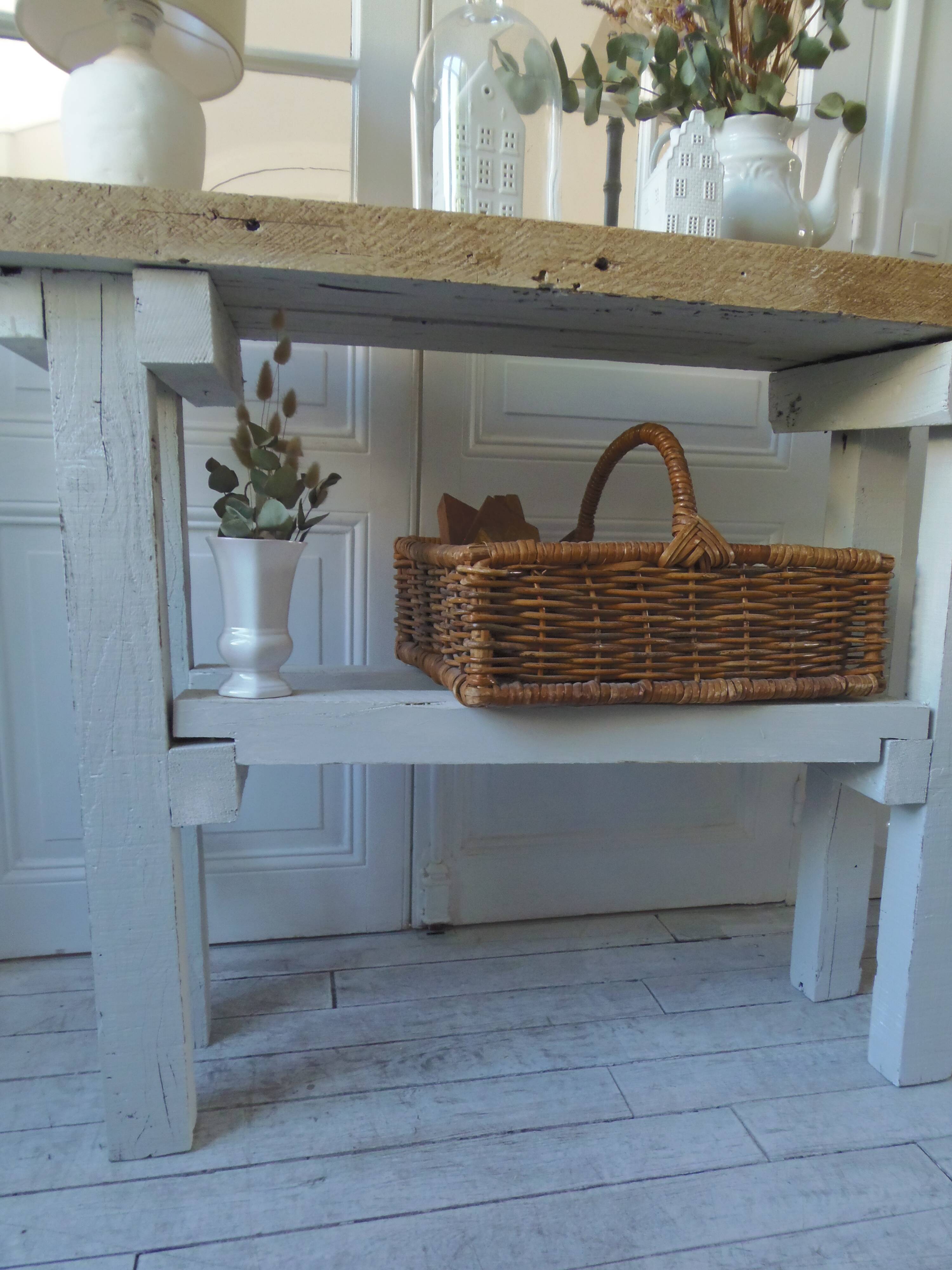Vintage workbench with pearl gray patinated base and wooden top