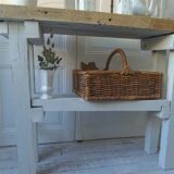 Vintage workbench with pearl gray patinated base and wooden top