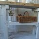Vintage workbench with pearl gray patinated base and wooden top