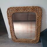 large vintage mirror in woven rattan 66 86 cm with some defects