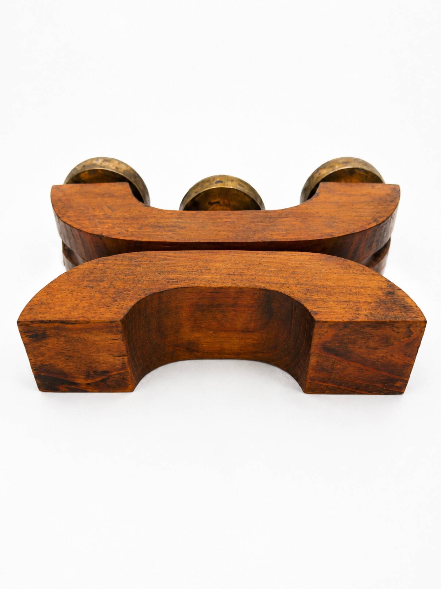 Vintage Art Deco Wooden Candle Holder Mid-Century Sculptural Brass Can