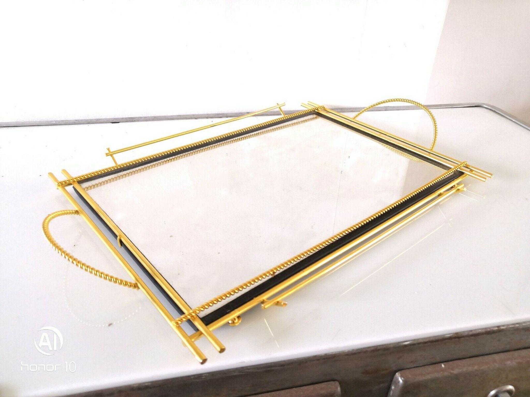Plateau miroir acier doré design années 50-60