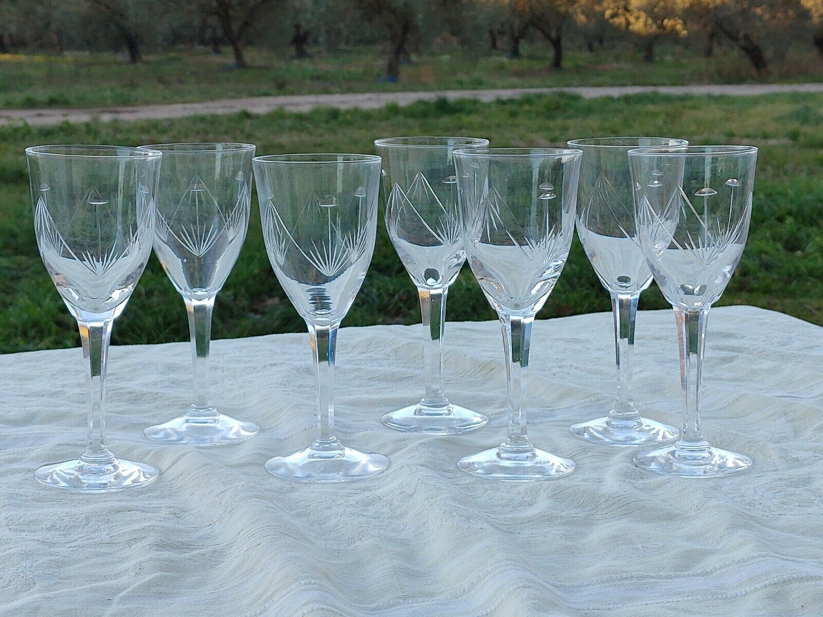 7 Cut Crystal Wine Glasses Faceted leg Baccarat, Saint Louis ??