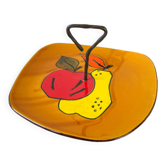 Plateau en céramique vintage avec poignée – Motif fruits style cubique