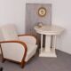 Art Deco armchair from the 1930s in beige fabric and carved wood, Hungarian origin.