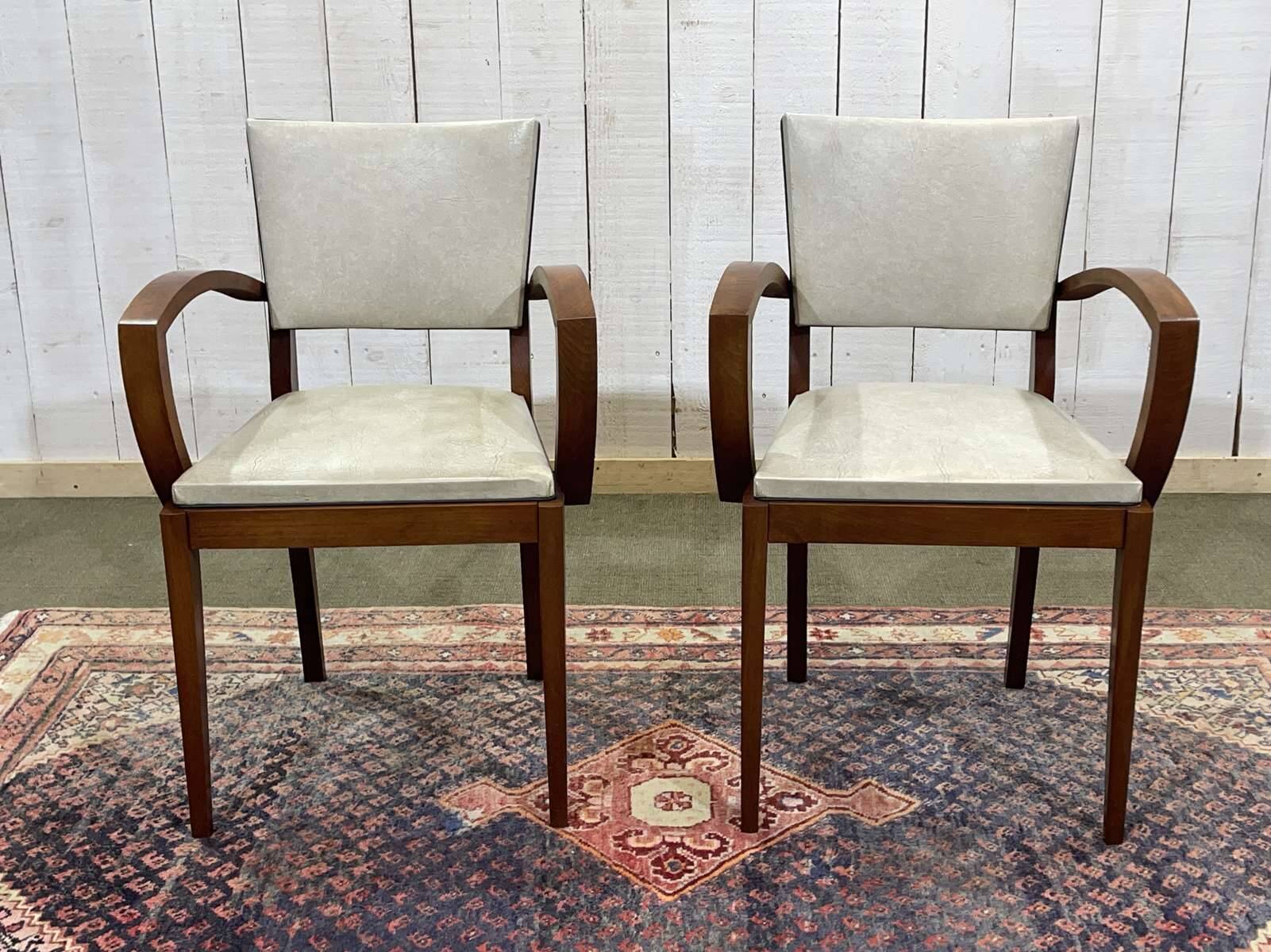 Pair of Art Deco bridge chairs in beech and imitation leather from the 1950s