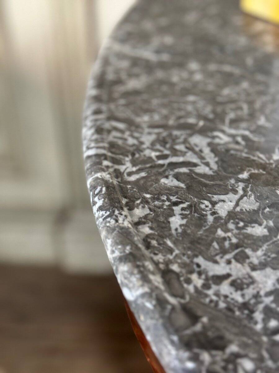 Empire style pedestal table in mahogany, gilt bronze, grey Saint Anne marble top, circa 1800
