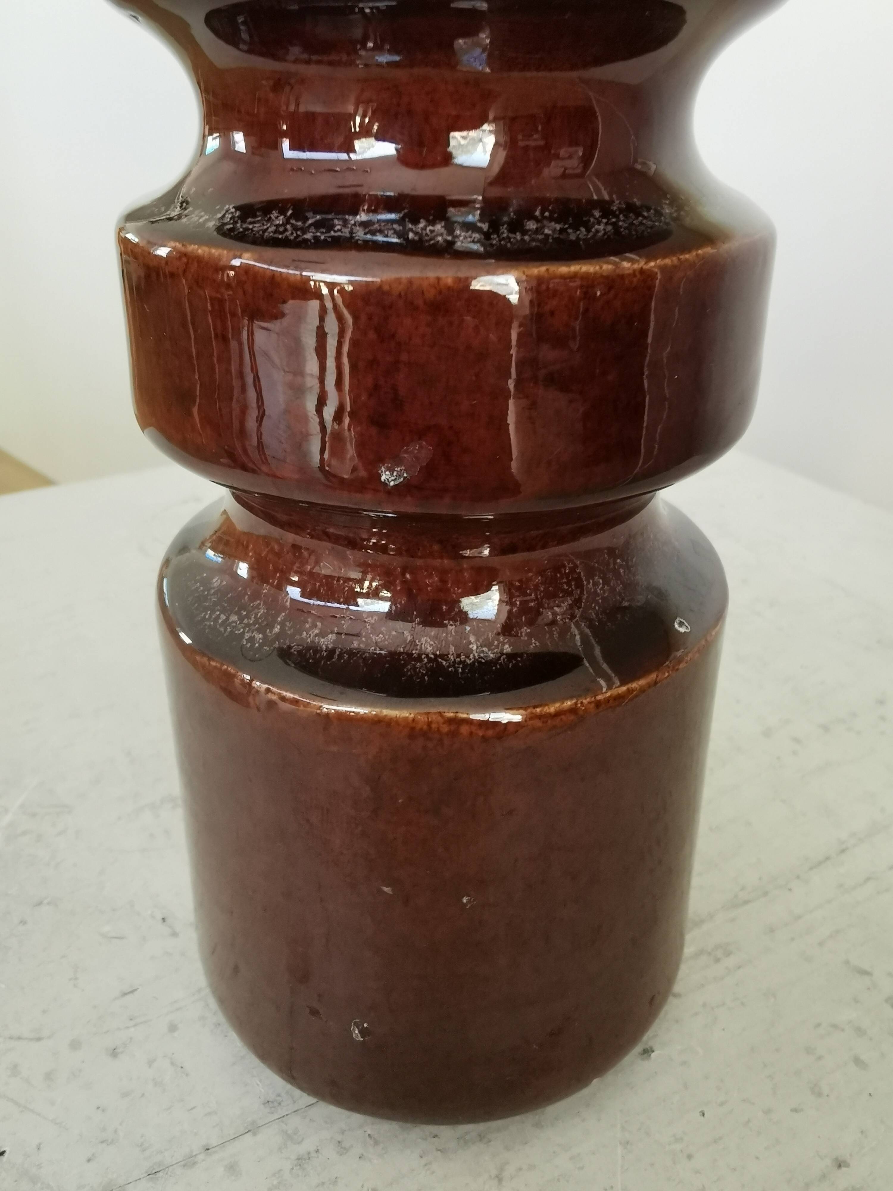Mid-Century Modern Ceramic Vase: Glossy Brown West German Style, 6.3" Tall
