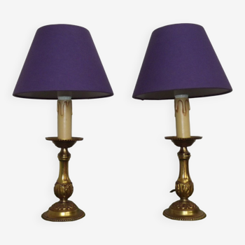 Delightful Pair Vintage French Bronze Candlestick Lamps With Purple Shades 4785