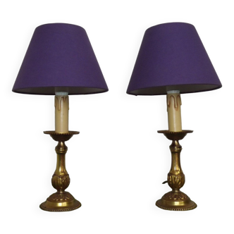 Delightful Pair Vintage French Bronze Candlestick Lamps With Purple Shades 4785