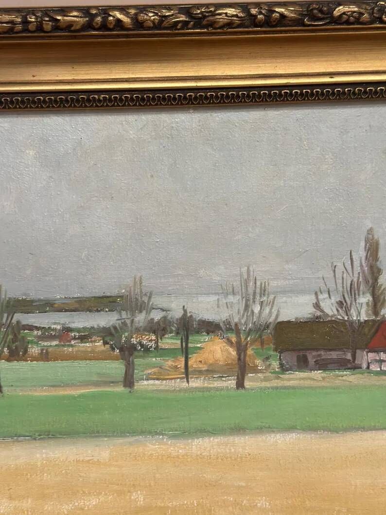 Original Swedish Oil on Panel – “Red Cottages” by Unknown Artist– Signed – Vintage & Framed – 48 × 40 cm (18.8" × 15.7")