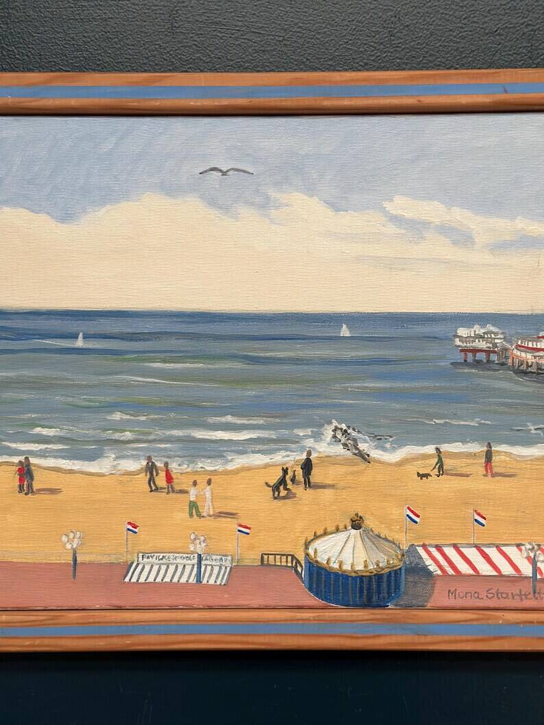 Original Swedish Oil on Canvas – "Day at the Beach" by Mona Starfelt – Signed – Dated 1989 – Framed