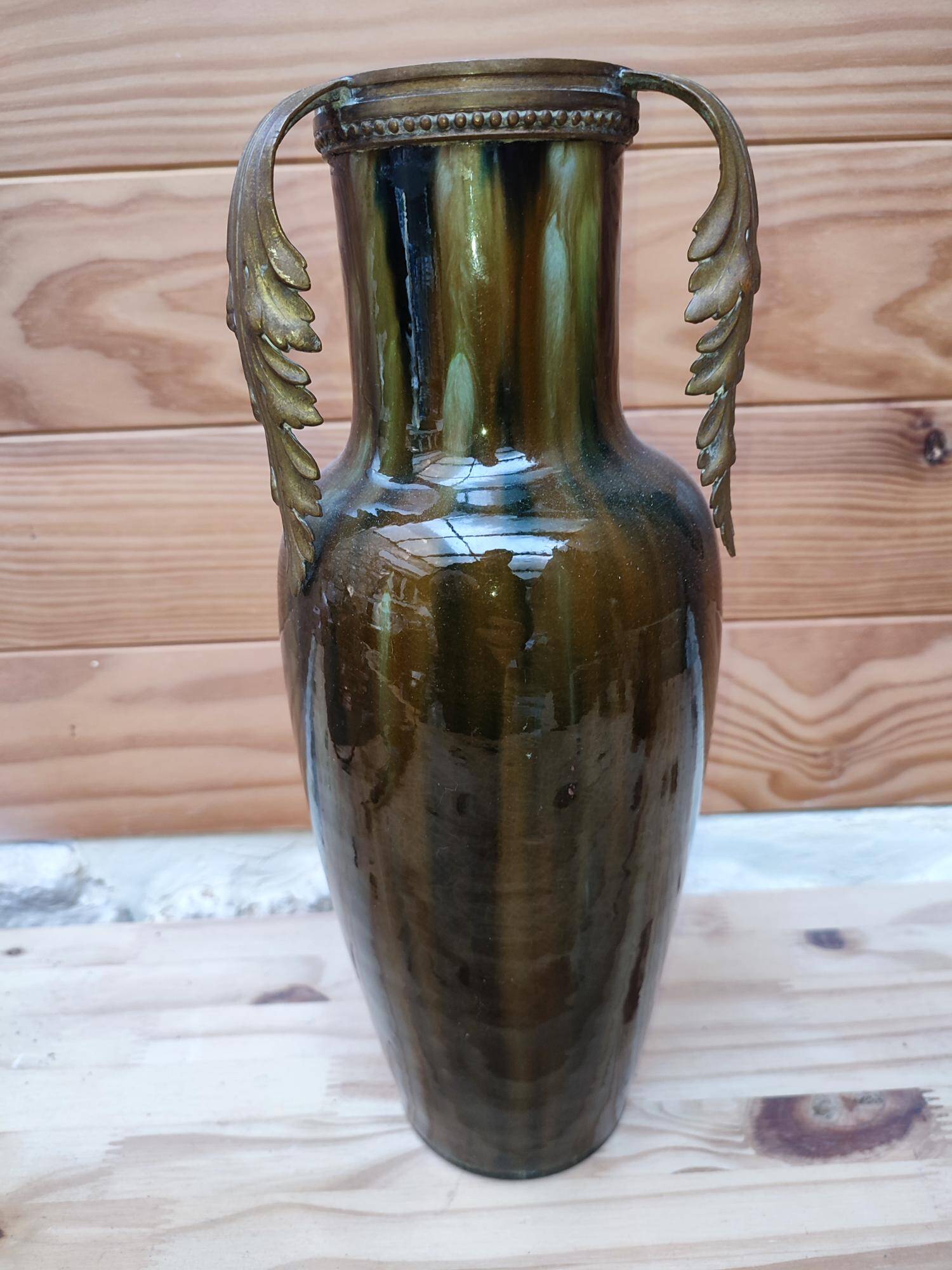 Ceramic vase with dripping in the style of jerome massier or belgian work with bronze handles