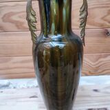 Ceramic vase with dripping in the style of jerome massier or belgian work with bronze handles