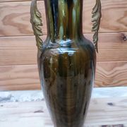 Ceramic vase with dripping in the style of jerome massier or belgian work with bronze handles