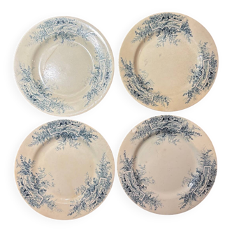 Lot de 4 assiettes en faillance plates anciennes faisans de Luneville