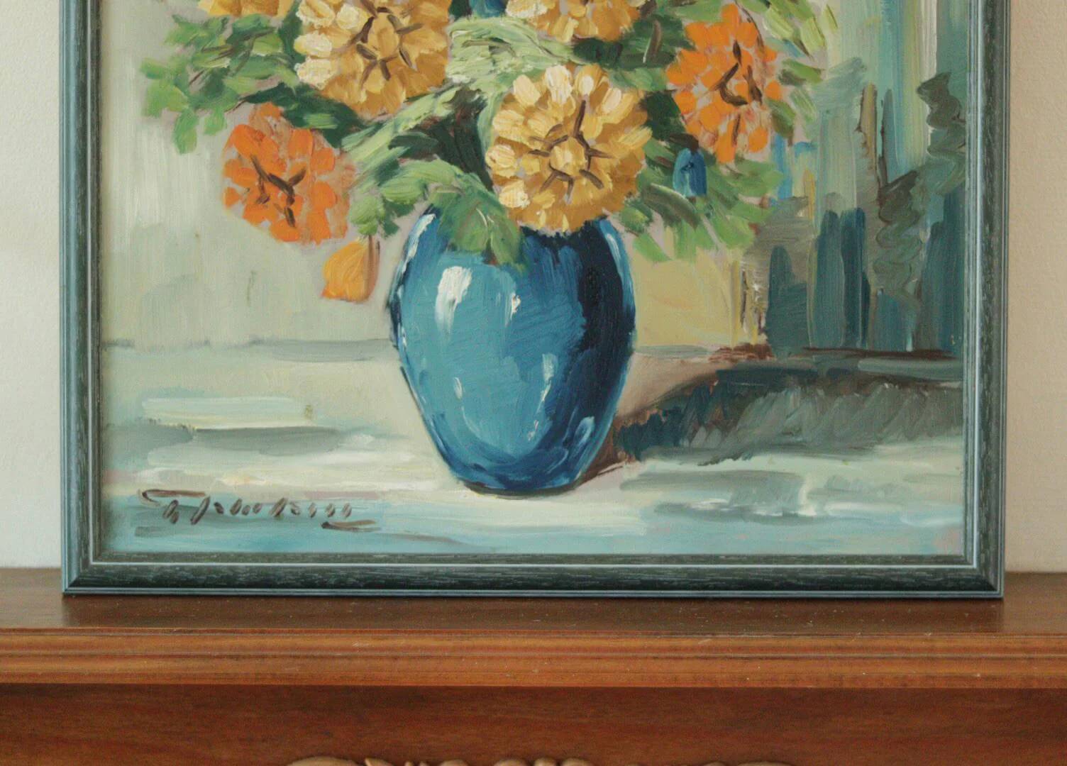Original vintage oil on panel painting "Flowers in vase"