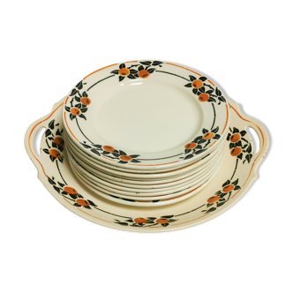 Service Dish and dessert plates in Faience Badonviller décor Madeleine