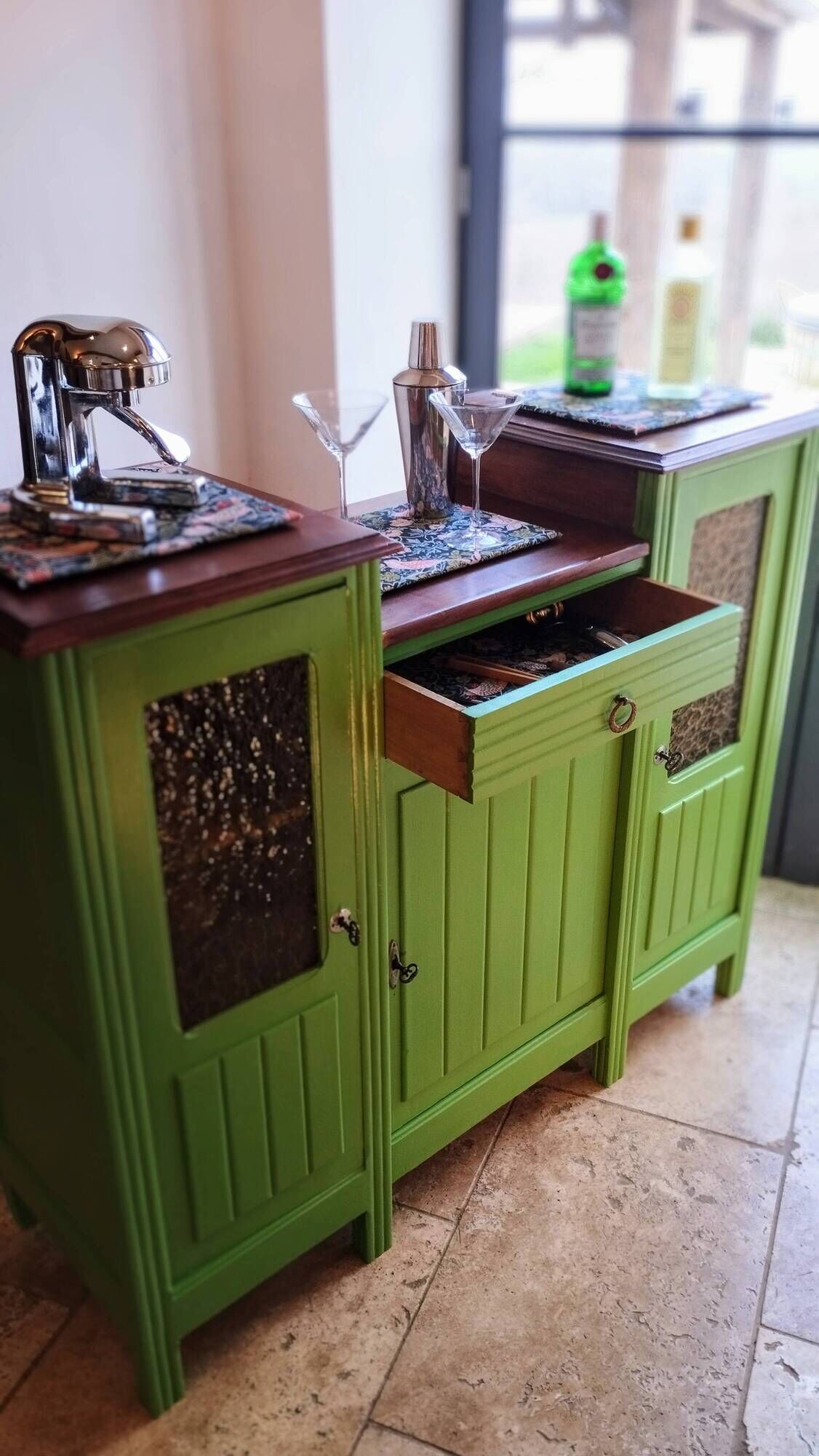 Art Deco Gin Buffet, painted in Farrow and Ball with a William Morris-inspired interior