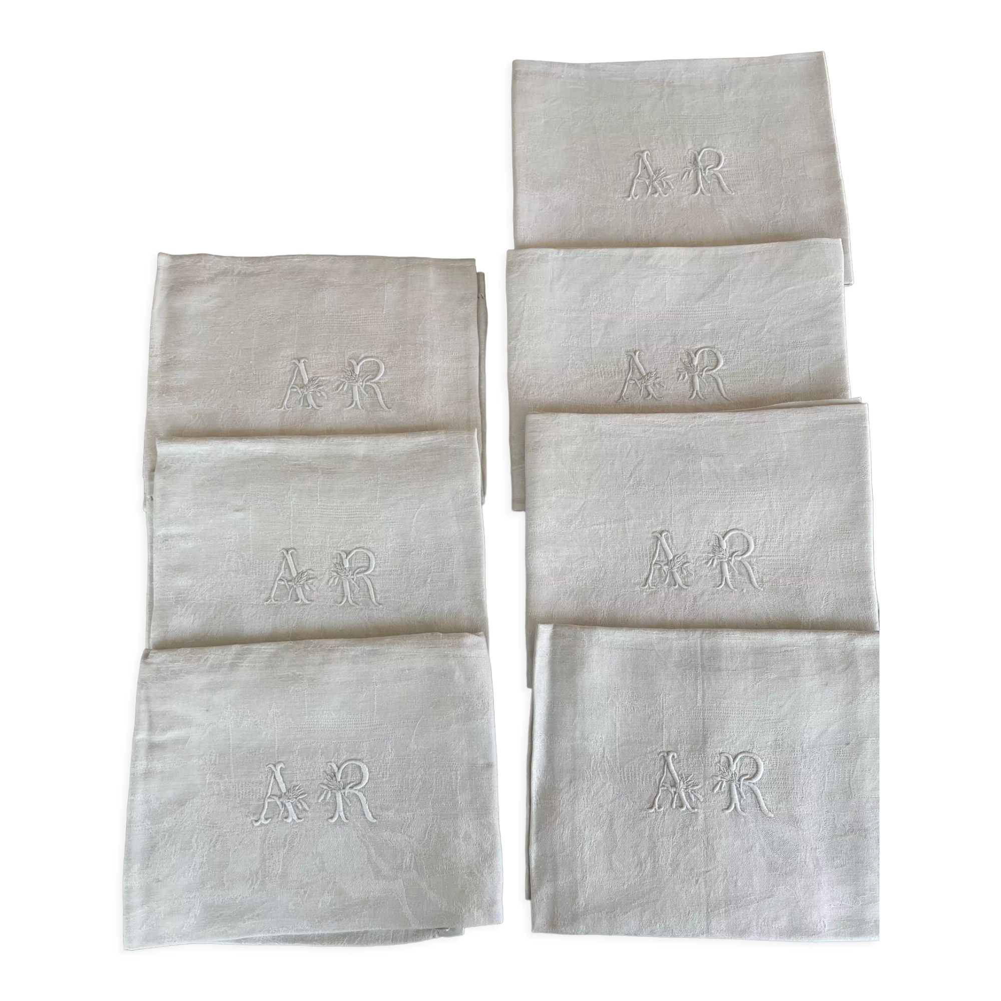 7 antique damask napkins with horse monogram decoration AR - Antique french linen